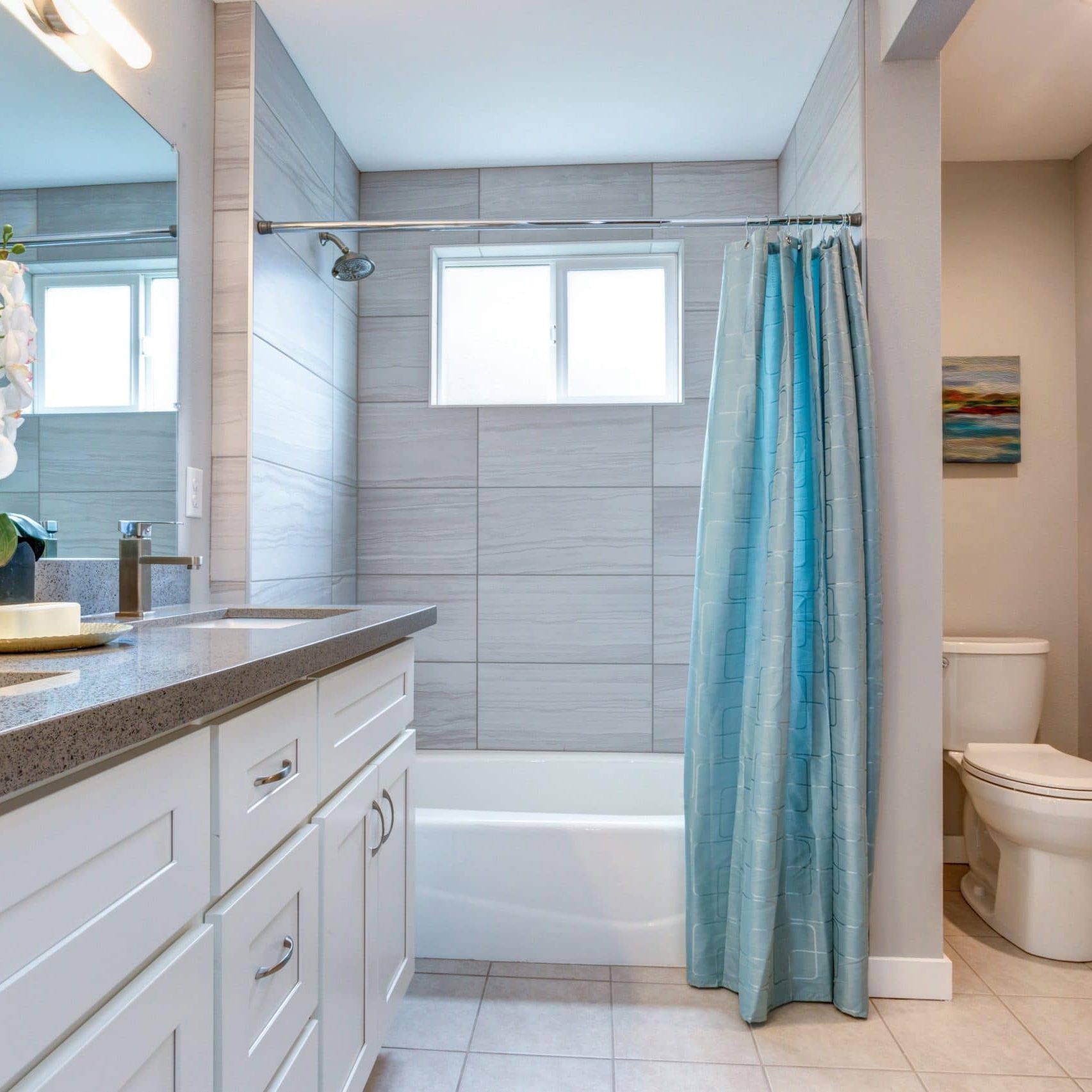 Elegant warm color bathroom design in a freshly remodeled house.